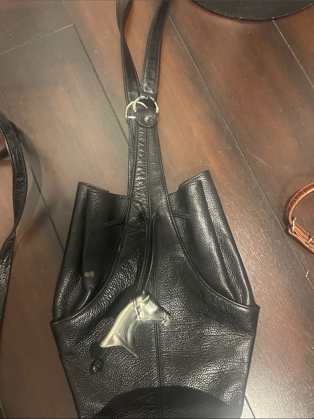 Black  L Ann Turk Drawstring Shoulder Bag with Horse Charm